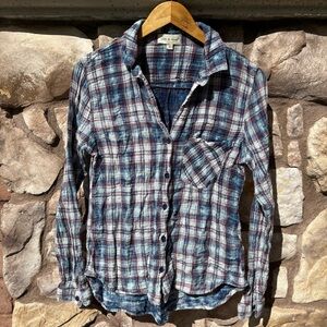 Cloth & Stone Womens Plaid Button-Up Shirt Medium Red Blue Gauzy Western